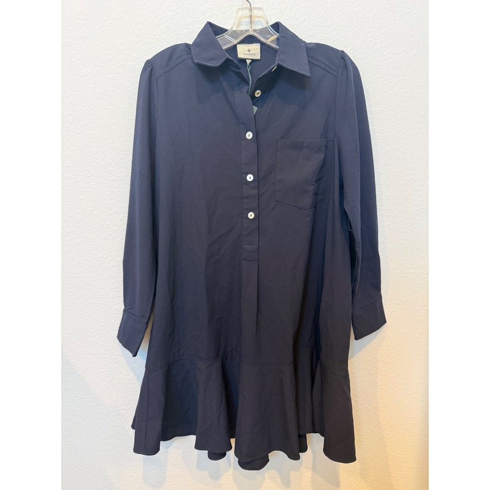 Tuckernuck Callahan Shirt Dress Navy Ruffle Hem Mini XS Y23002T